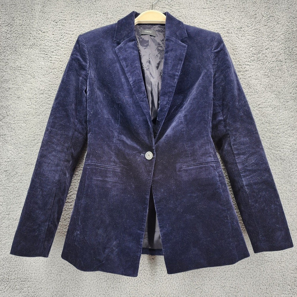 Theory Power Jkt 2 Modern Corduroy Blazer Navy Blue Size 0 Single Button Jacket